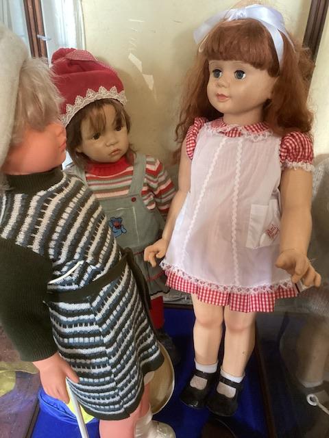 3 large oversized vintage companion dolls in hard vinyl to include a Patty Playpal doll with long hair by Ideal reissue and 2 others shop child mannequin sized dolls which can be