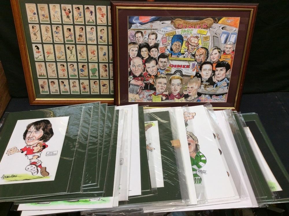 A collection of artist signed caricatures of sportsmen to include football,  golf, rugby and cricket along