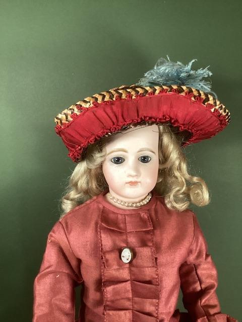 French antique Fashion doll; Jumeau fine bisque fashion lady doll c 18  tall with leather stitch