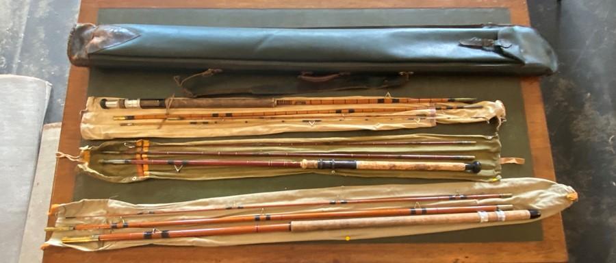 Three vintage split cane fishing rods, to include an Edgar Sealey Float Rod,  an Octopus De Luxe Float Road etc.
