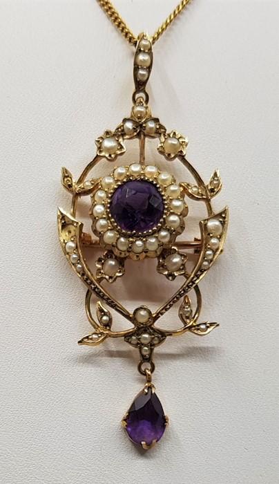 A Belle Epoque 9ct. gold, amethyst and seed pearl set pendant/brooch ...