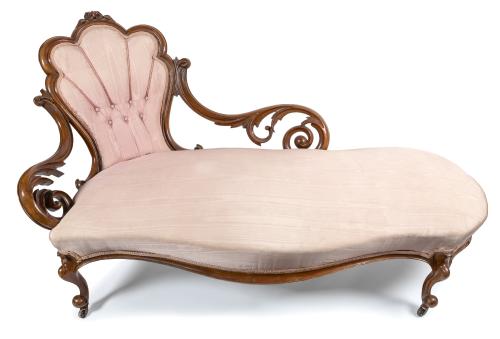 A Victorian mahogany chaise longue reclining shell shaped back, pierced and scrolled armrests on cabriole legs, pink taffeta silk upholstery, 160cm long approx 

 ? from Master Bedroom, Brachefield