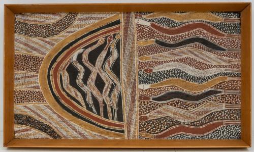 Aboriginal Art - Arnhem Land Northern Territory, Australia (20th Century)
 Snakes and geometric motifs 
 bark painting, 39 x 68cm, framed 

 Provenance: purchased Terry Clune Art Galleries, Kings Cross, Sydney, Australia, 7th January 1959 

 ‘In September, 1958, we (Morecambe & Wise) decided to go to Australia, we were there for six months and all the shows went well. When we returned to Britain in March 1959, we were determined to make an impact. After a summer season at Blackpool and pantomime