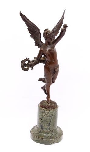 After Hermann Eichberg, an early 20th Century bronze model of Nike, Greek Goddess of speed, strength and victory, on marble plinth, 30cm high

 From shelf units on the Bang & Olufsen stereo system in the Drawing Room "Den" area