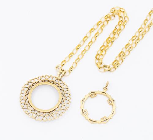 A 9ct gold fancy sovereign mount, diameter approx 35mm, suspended from a 9ct gold faceted belcher chain, length approx 22'', along with a 9ct gold sovereign pendant mount combined weight approx 13gms

 Further details: minor wear commensurate with age