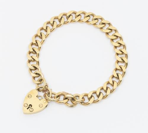 A 9ct gold curb link padlock bracelet, link width approx 9mm, length approx 20cm, with safety chain (snapped) and padlock clasp (a/f damaged) weight approx 39.3gms 

 Further details: wear and tear commensurate with age clasp not working