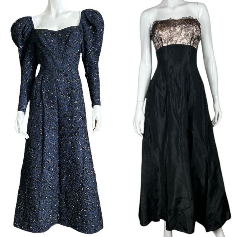 1940's turquoise and silver beaded illusion neckline black formal dress
