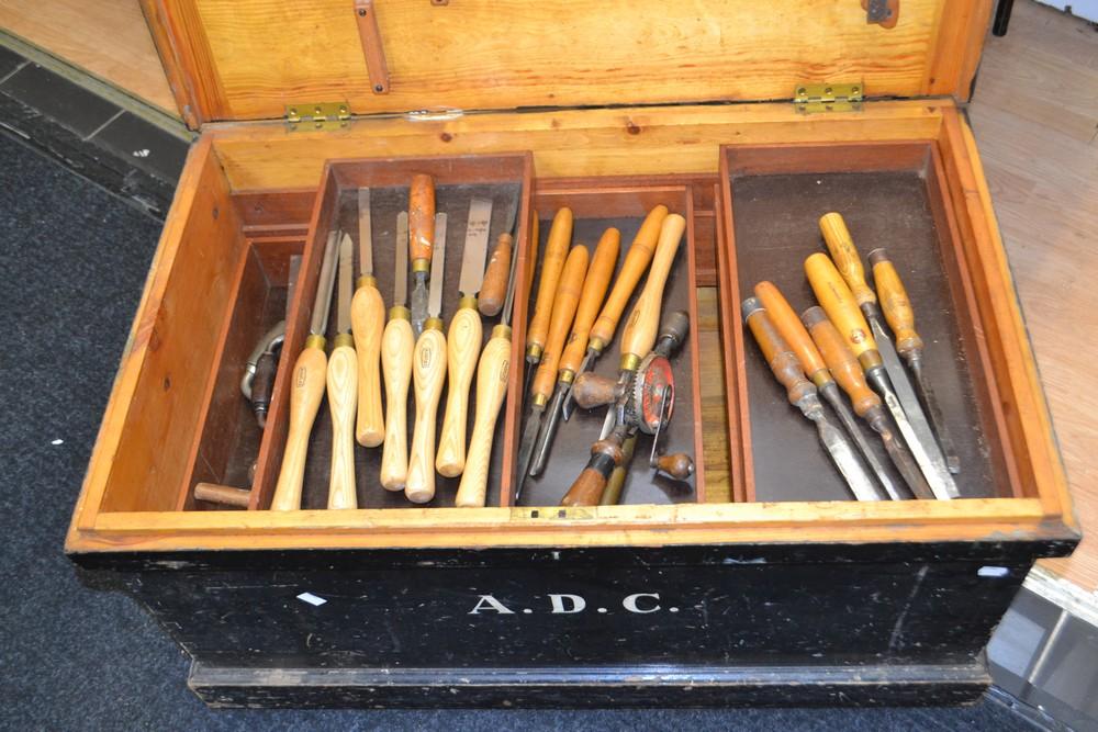 A pine carpentry tool chest (with contents), featuring five sliding ...